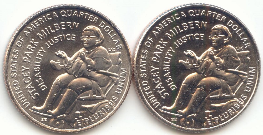 Side-by-side comparison of 2025-P and 2025-D Stacey Park Milbern quarters showing P and D mint marks