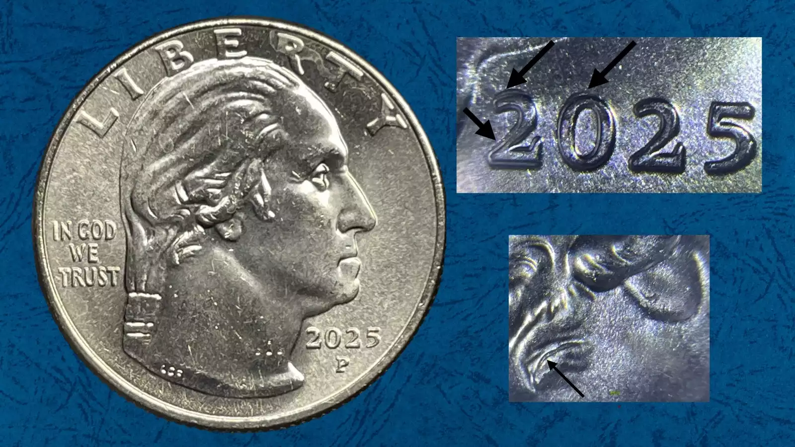 2025 quarter doubled die error showing doubling on LIBERTY lettering under magnification