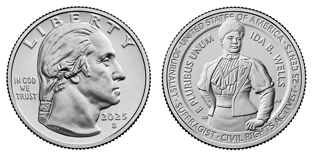 2025 quarter off-center strike error showing design shifted approximately 40-50 percent from center with date visible