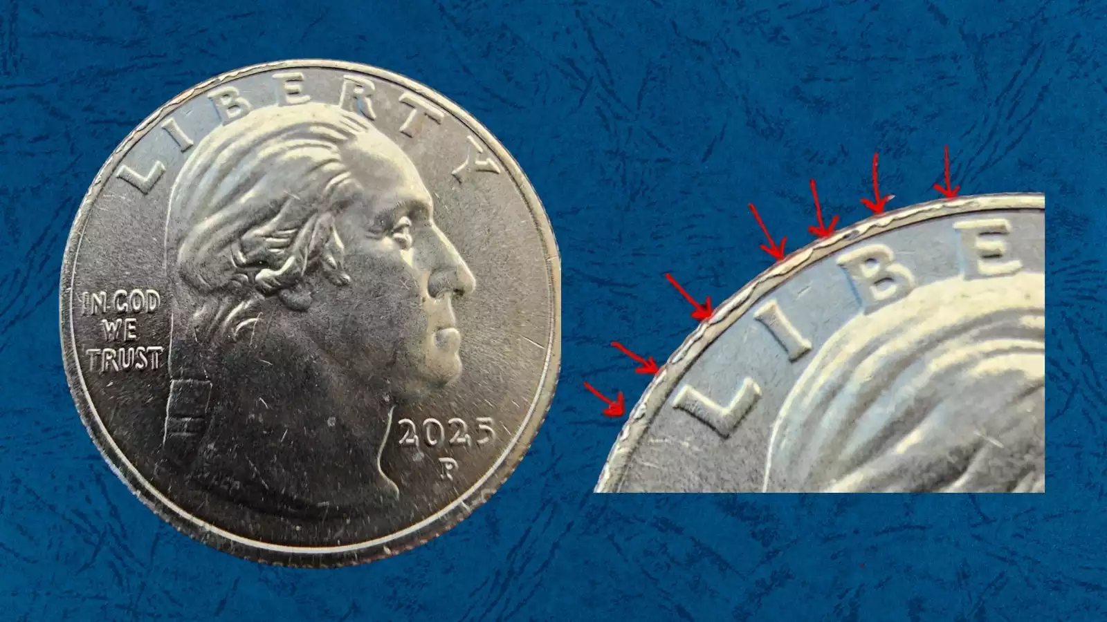 2025 quarter die cud error showing raised blob of metal at the rim where the die suffered a retained break