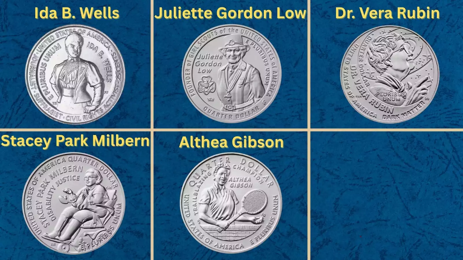 Group of all five 2025 American Women Quarter designs arranged to show each reverse design